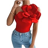 SHENHE Women's 3D Flower Top One Shoulder Sleeveless Slim Fit Elegant Rosette Top Blouse