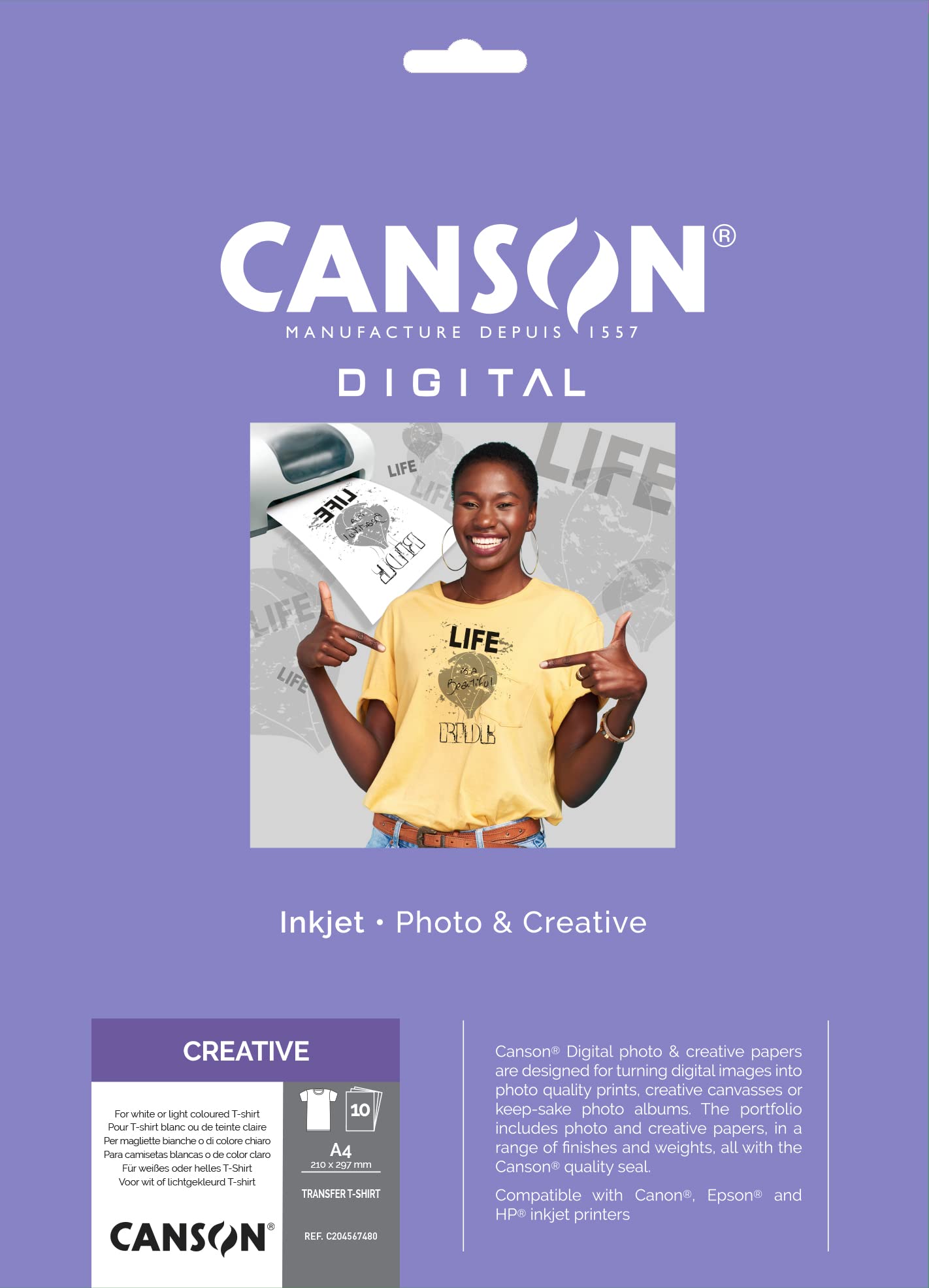 CANSON Digital T-Shirt Transfer Paper Sheet Box, A4, 140gsm, Smooth White, 10 Sheets, Ideal for Professional Photographers