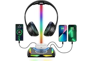 New Bee RGB Headphone Stand with 2 USB-C & 1 USB Charging Ports, Desk Gaming Headset Holder with 7 Light Modes and Non-Slip Rubber Base Suitable for All Earphone Accessories