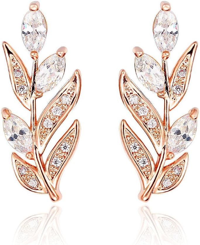 Windshow Olive Branch Leaf Paved CZ Ear Climber Stud Earrings