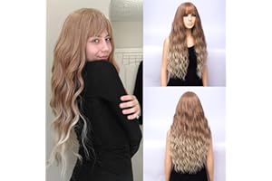 Netgo Blonde Ombre Wigs with Bangs, Strawberry Blonde Ombre Light Blonde Wigs, Long Curly Wavy Hair Wig for Women, Heat Resistant Synthetic Daily Party Wigs