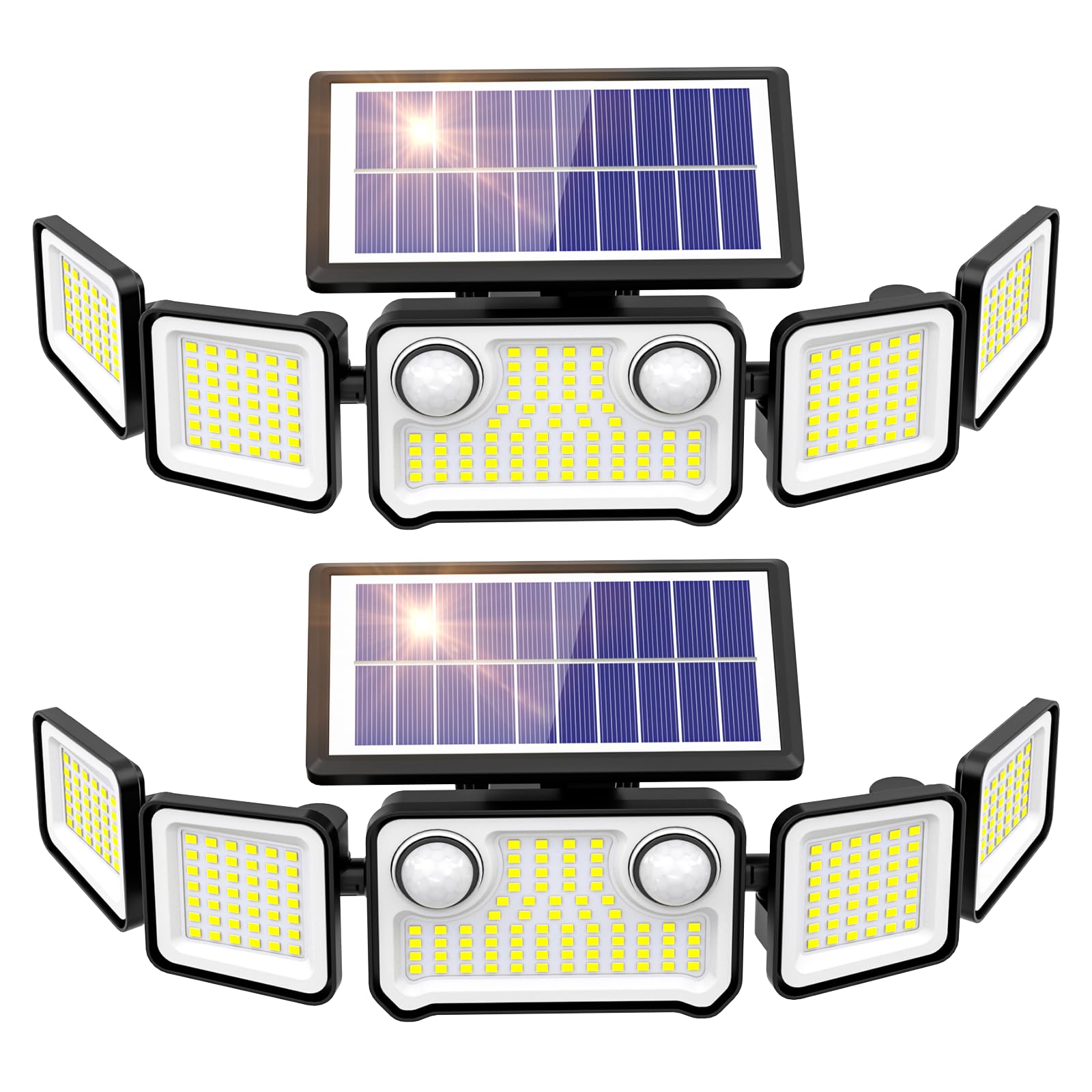 Photo 1 of *** PARTIAL SET *** 6000LM Solar Lights Outdoor, 5 Heads Solar Security Lights with Remote Control, IP65 Waterproof Motion Sensor Lights 3 Modes Flood Lights for Wall, Porch, Yard, Outside, 2 Pack