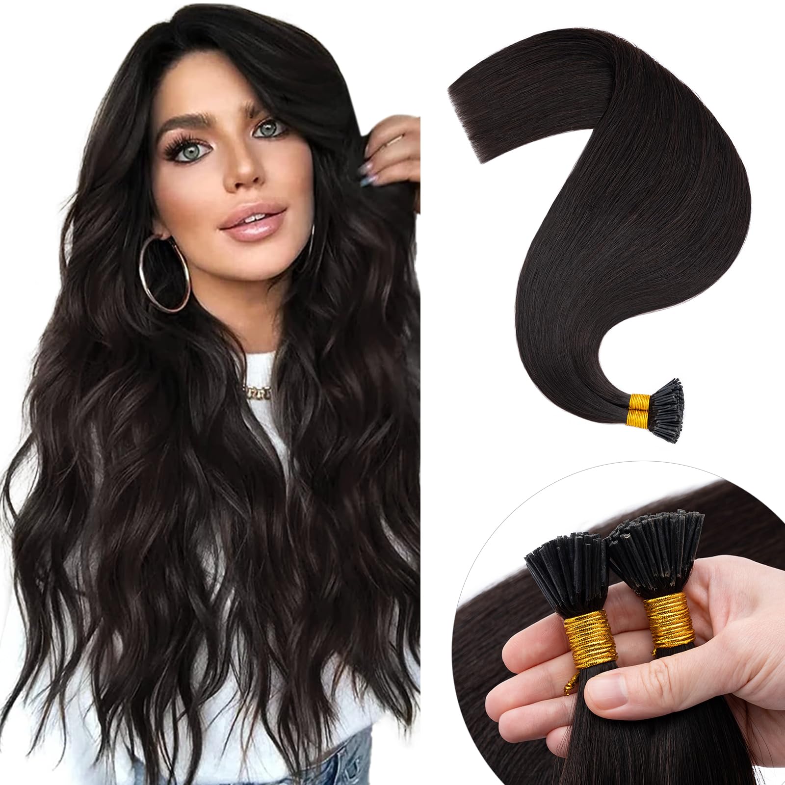 Elailite Pre Bonded I Tip Stick Tip 100% Real Remy Human Hair Extensions Straight (micor ring not inclued) - 100 Strands - 50g - 16 inches - #1B Natural Black — image 1