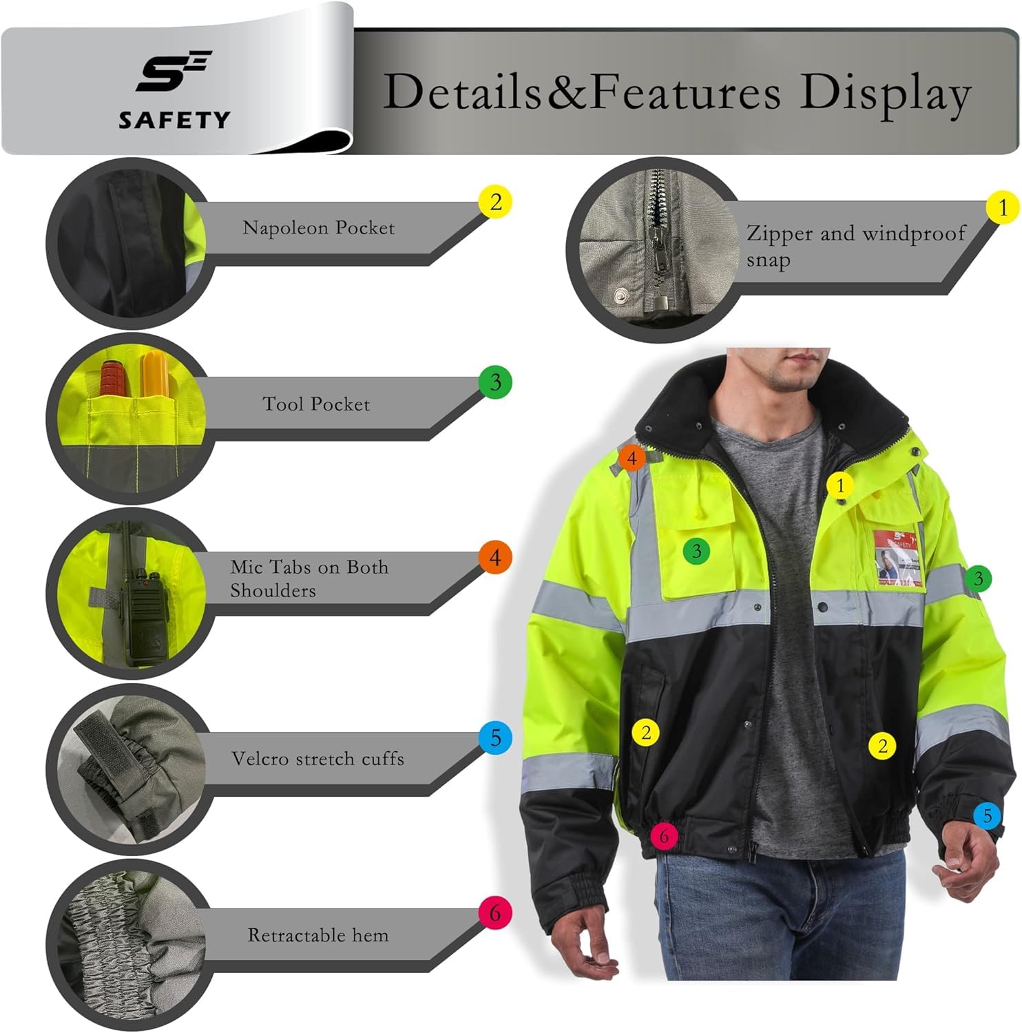 sesafety Reflective Jacket for Men, High Visibility Jackets, Safety Jackets for Men, Hi Vis Construction Bomber Jackets Waterproof with Pockets and Zipper, Black Bottom, Class 3