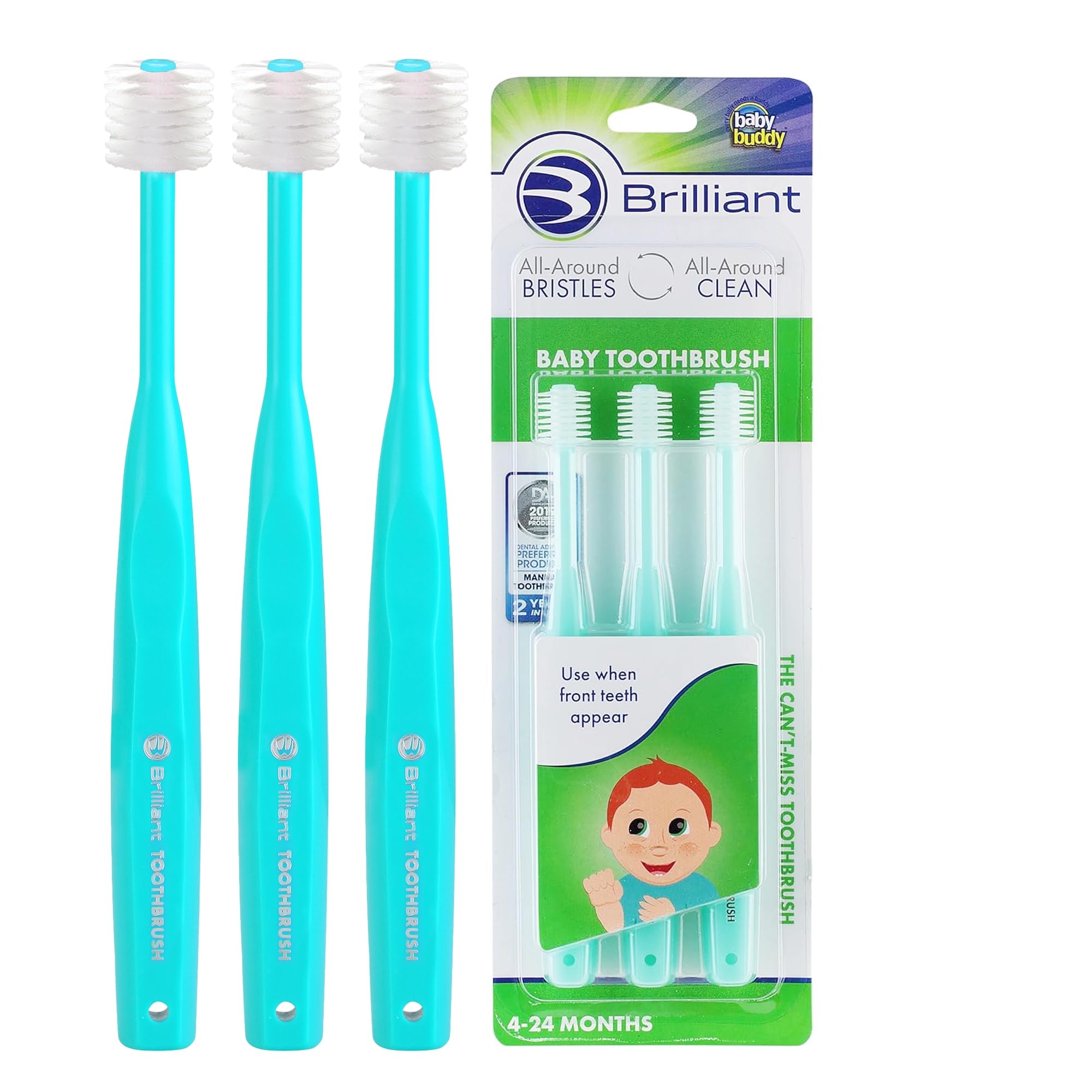 Brilliant Toothbrush by Baby Buddy for Ages 4-24 Months, Micro Bristles Clean All-Around Mouth, Mint Green, 3 Count