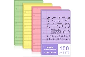 SHIQIKEJIPTY 100 Sheets Mini Binder Loose Leaf Paper 5.5 x 8.5 Small Binder Filler Paper Lined College Ruled Paper for Mini 3 Ring Binder 3 Hole Punched Notebook Paper Pocket Folders for School Supplies (100)