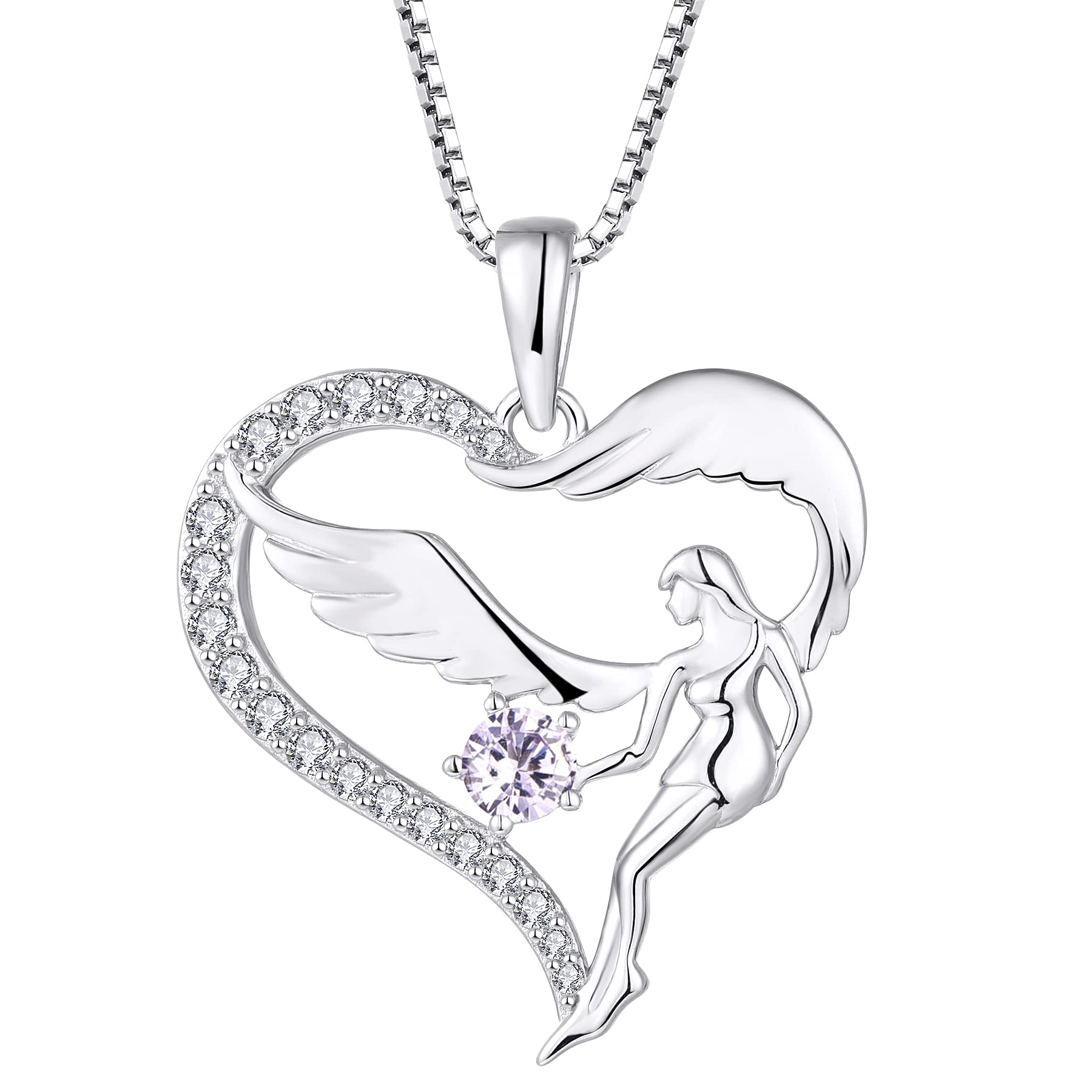 FJ Heart Guardian Angel Necklace 925 Sterling Silver Angel Wing Pendant June Birthstone Necklace Alexandrite Jewellery for Women