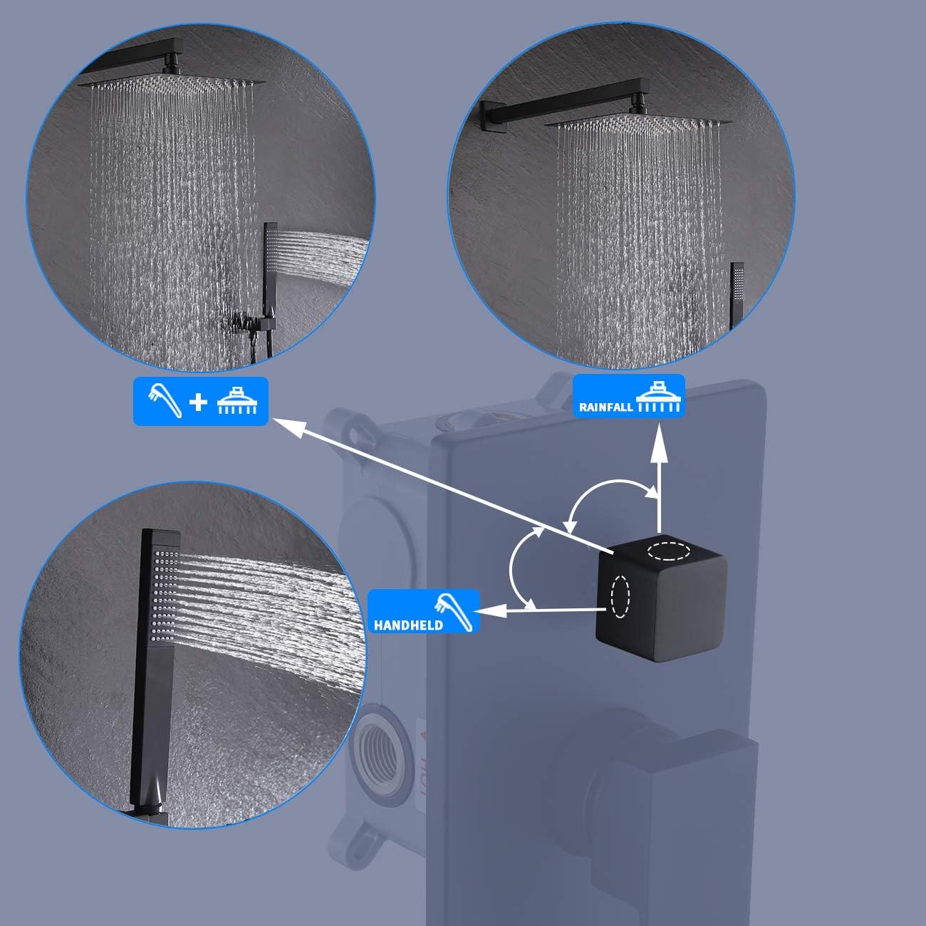 KES Pressure Balancing Rain Shower System Rough-in Valve Trim Kit Shower Faucet Set Complete Square Matte Black, XB6230-BK - - 