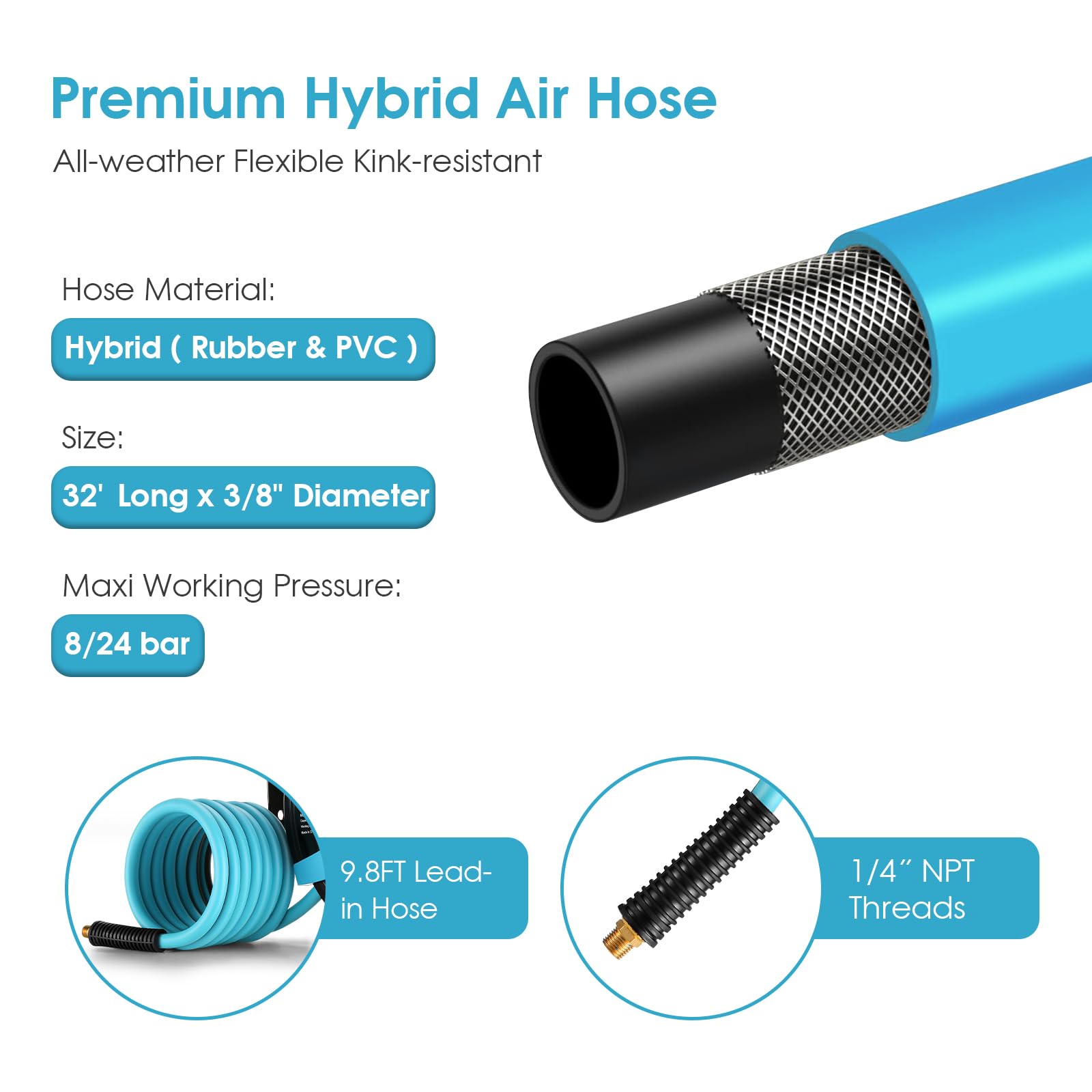 32FT + 9.8FT Retractable Air Hose Reel, Ceiling/Wall Mount Penumatic Hose Reel for Garage