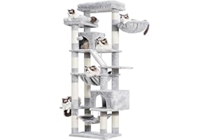 Heybly Cat Tree，71-Inch Tall Tower for Indoor Cats with 2 Perches, 2 Big Condos, 2 Hammocks, Basket, Scratching Pad，Large Cat Furniture and Condo, Light Gray HCT034W