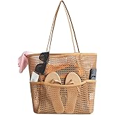 Iioscre Mesh Beach Bag for Women, Hobo Pool Bags with Wide Shoulder Straps & Zipper Inner Pocket, 23L Swim Bag for Vacation.