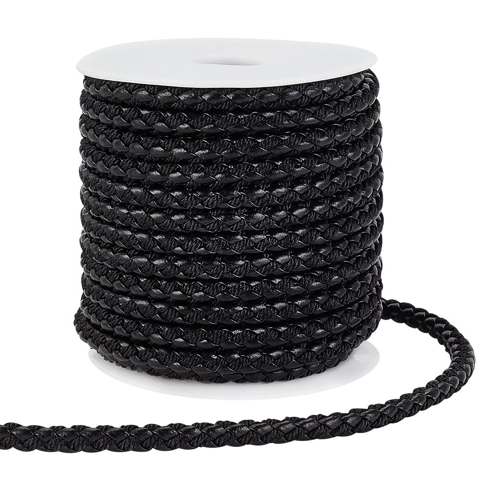 PandaHall 10 Yards Round Braided Leather Cord, 5.5mm Black Jewellery Craft Cord for DIY Bracelets, Necklaces, Belts Making