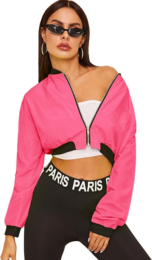 Floerns Women's Long Sleeve Lightweight Crop Bomber Jacket Hot Pink XS