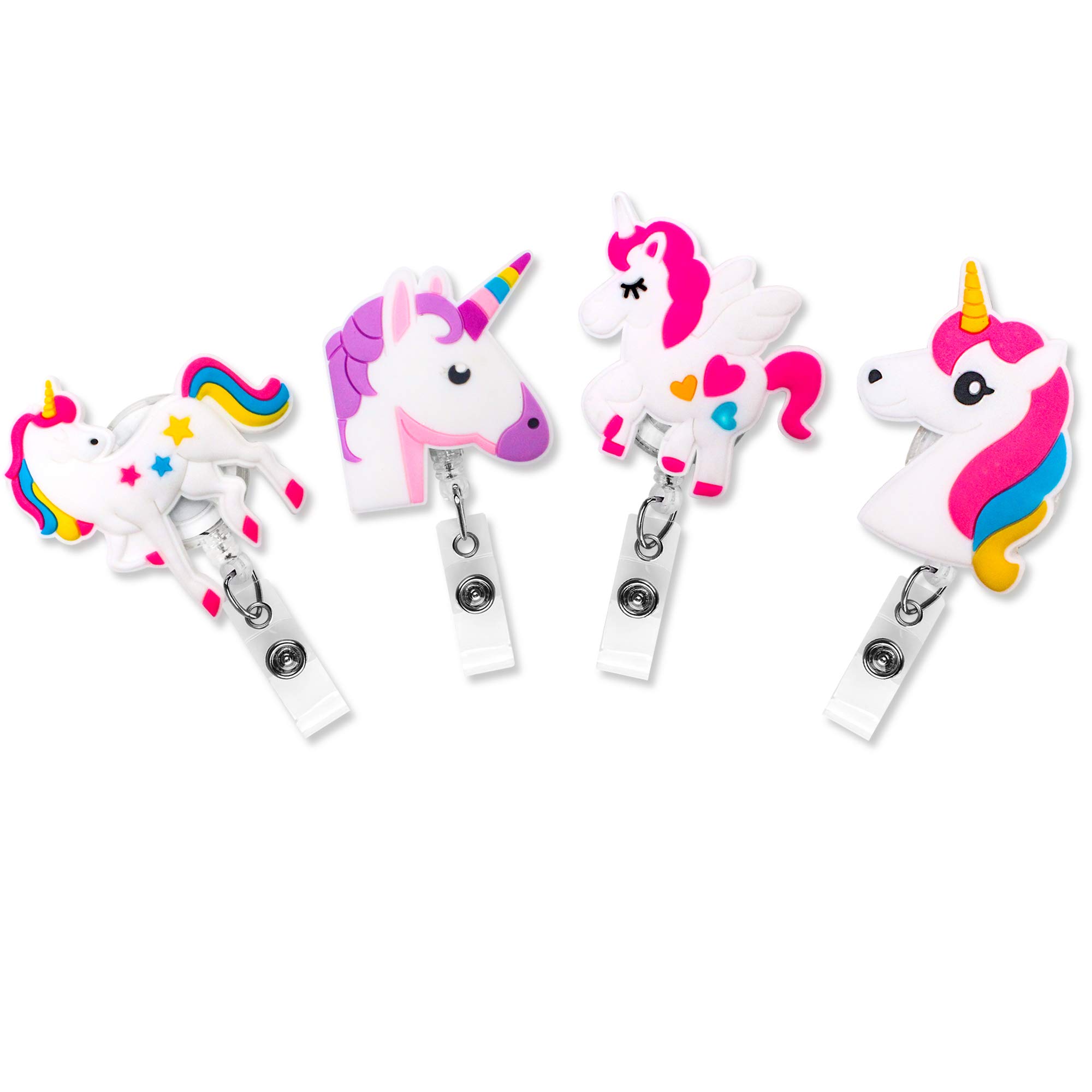 4 Pcs Set Unicorns Characters Retractable Badge Holder ID Name Badge Reel Clip On Card Holders Cute for Office Work Nurse - 30 inch Cord Extension