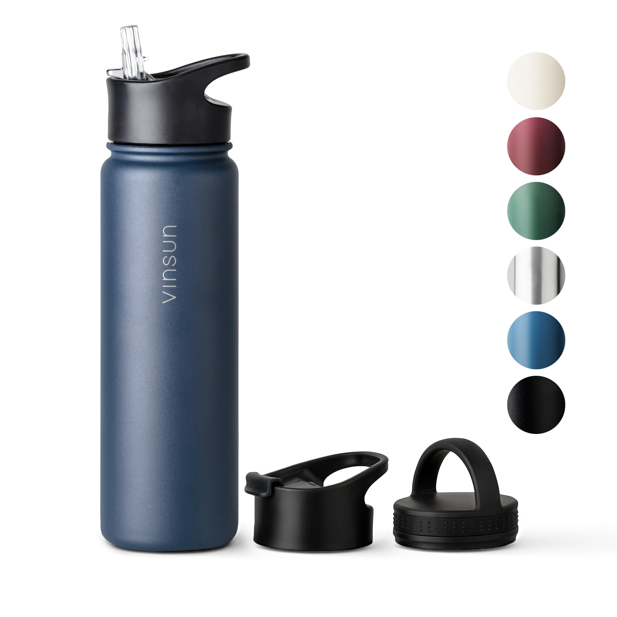 Vinsun Stainless Steel Water Bottle 750ml - 3 Lids - Leakproof, BPA Free, Lightweight - Vacuum Insulated Thermo Flask - Travel, Sports, Gym, Bike, School, Work