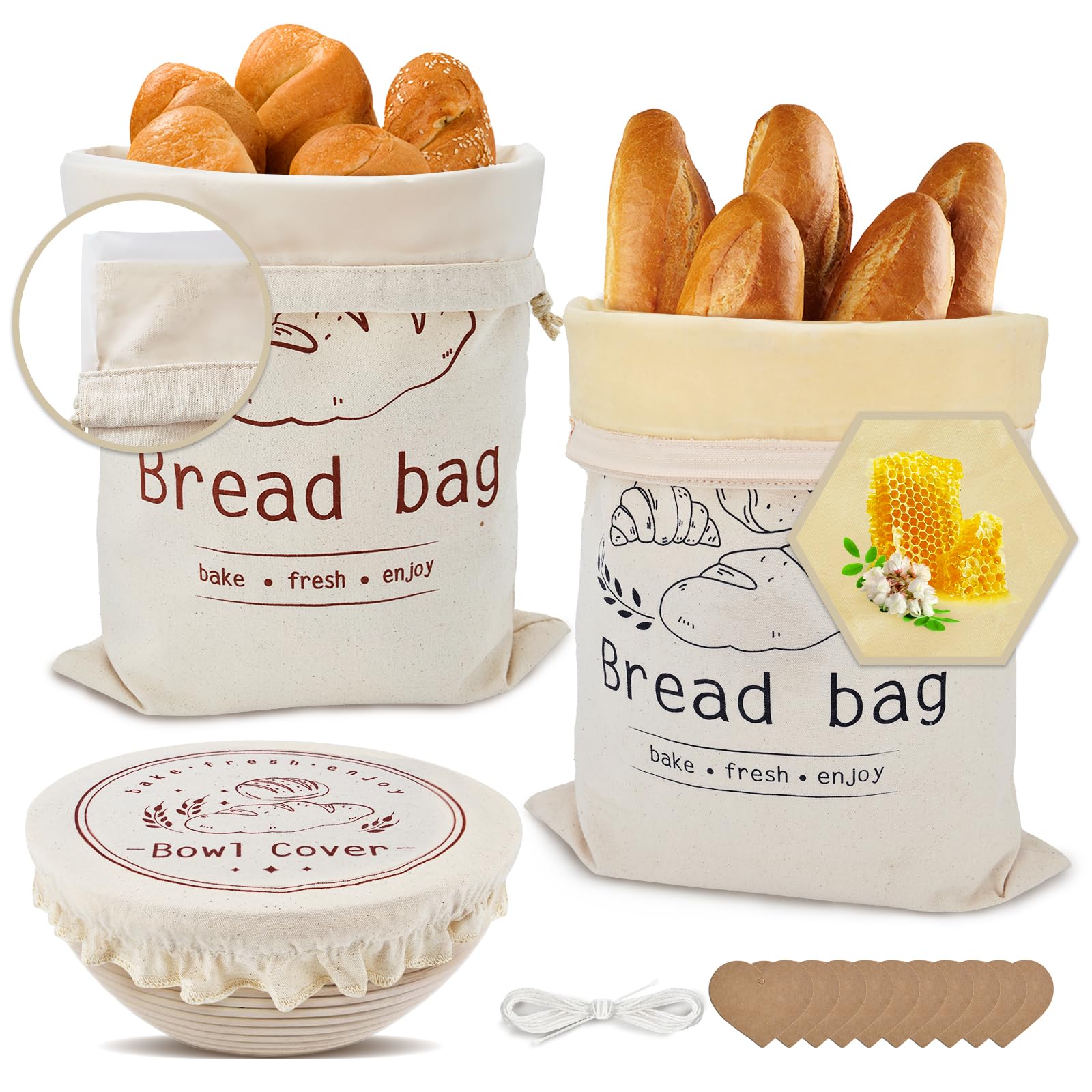 Photo 1 of 1 Large Beeswax Bread Bags for Homemade Bread Sourdough, 1 Cotton Sourdough Bags with TPU Lining & 1 Bowl Covers –Multi Closure Design, Easy to Clean,Reusable,Thick,Well-Made, Keeps Bakes Fresh Longer