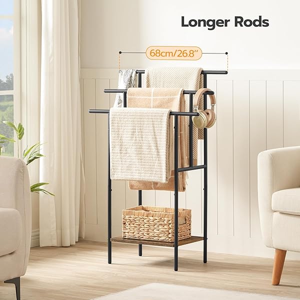 HOOBRO 39.4″ TALL FREESTANDING TOWEL RACK FOR BATHROOM, 3 TIER STEPPED BLANKET RACK WITH SHELF, OVERSIZED BATH TOWELS DRYING AND DISPLAY RACK, BLACK AND RUSTIC BROWN BF50LB01