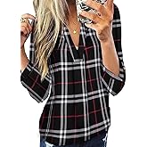 Dokotoo Womens Basic Casual V Neck Plaid Print Cuffed Long Sleeve Work Tops Blouses Shirts S-2XL
