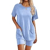 Ekouaer Two Piece Sets for Women Summer Outfits 2026 Lounge Set Crew Neck Tshirts Biker Short Sweatsuit with Pocket
