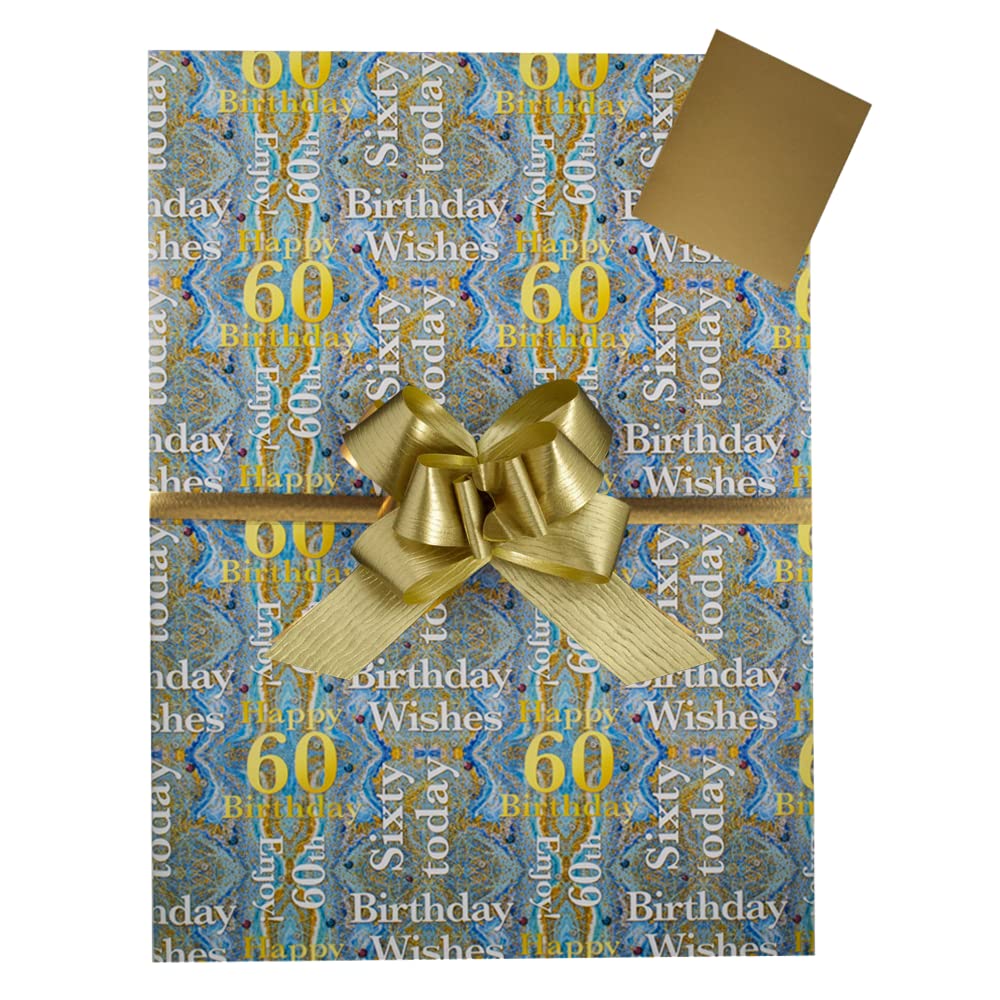 60th Birthday Age 60 Sixty Gift Wrap Pack, 2 Sheets, 2 Tags and 2 Gold Paporlene Ribbed Pull Bows. Male Female Sixtieth Birthday Gift Present