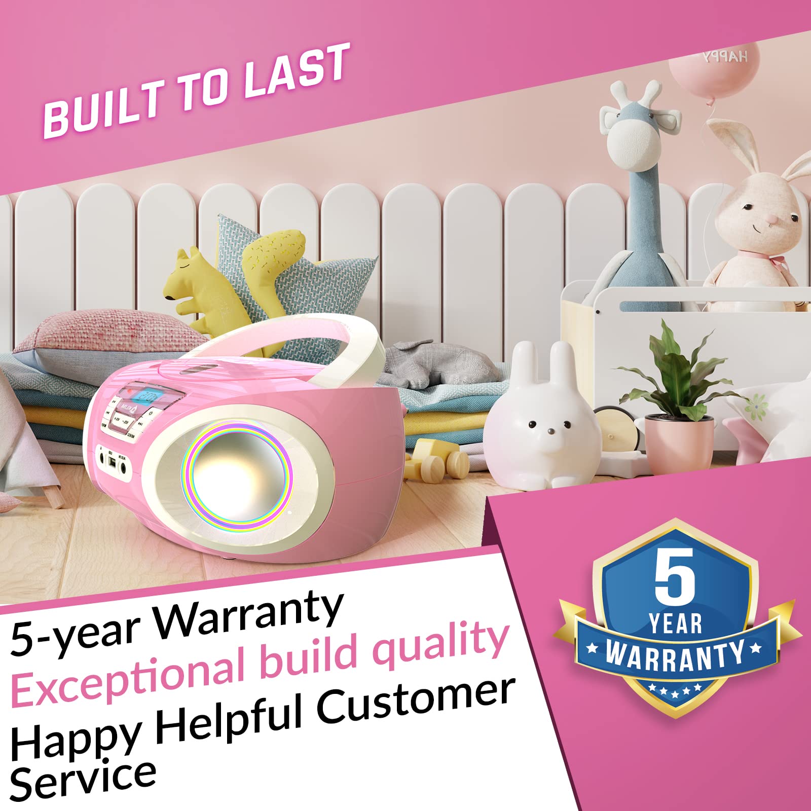 KLIM Candy Kids CD Player for Children - FM Radio - Includes Batteries - Pink - Boombox Portable - CD Player Children - with Speakers, Toddlers (Pink)