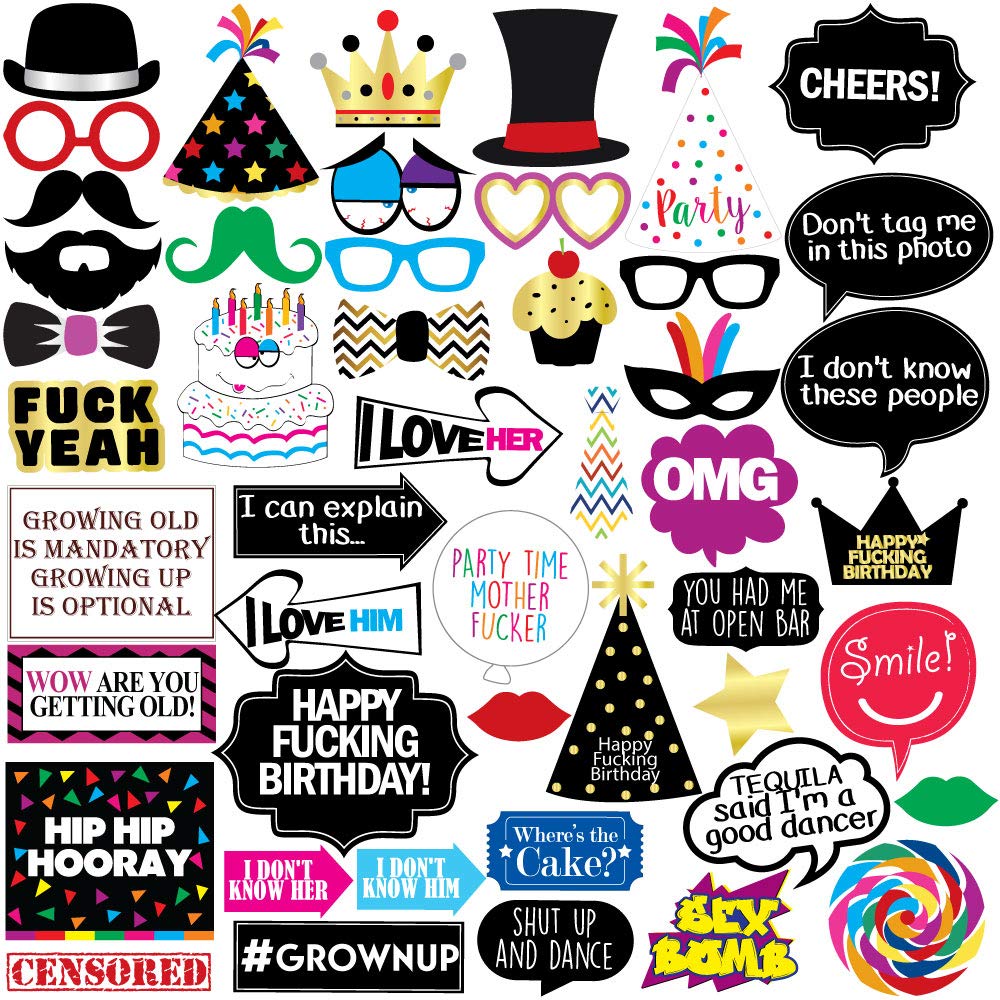 Funny Birthday Photo Booth Props - 47 Pieces - 21st - 30th - 40th - 50th - 60th - 70th - 80th - 90th – Birthday Party Supplies, Decorations and Favors
