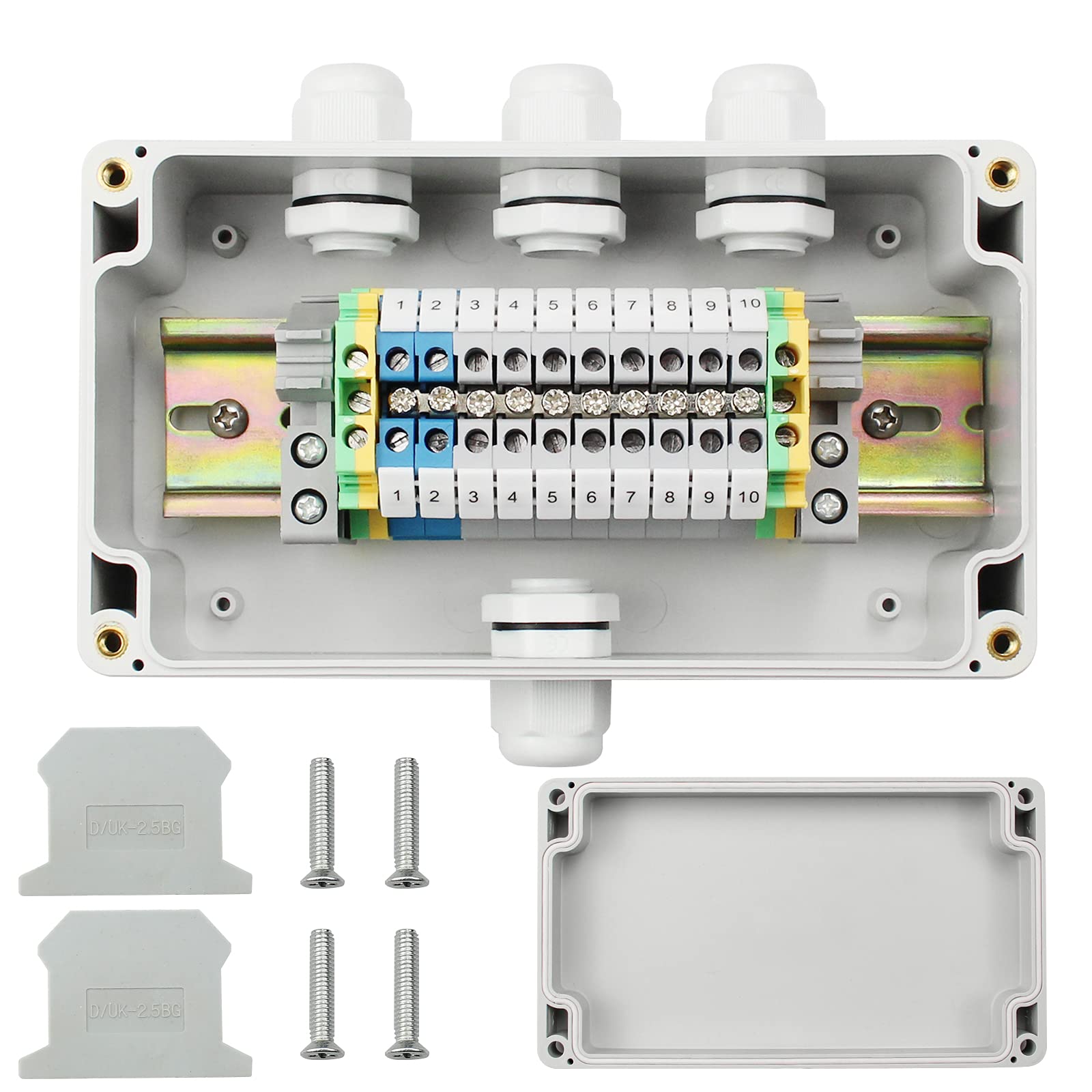 suaywo IP66 Waterproof Junction Box 1 in 3 Out UK/ MBKK2.5 Terminals, Crimp Connector, Ground Block end and DIN Rail Terminal Blocks Kit Outdoor for Industrial Automation, DIY Production, Clear,White
