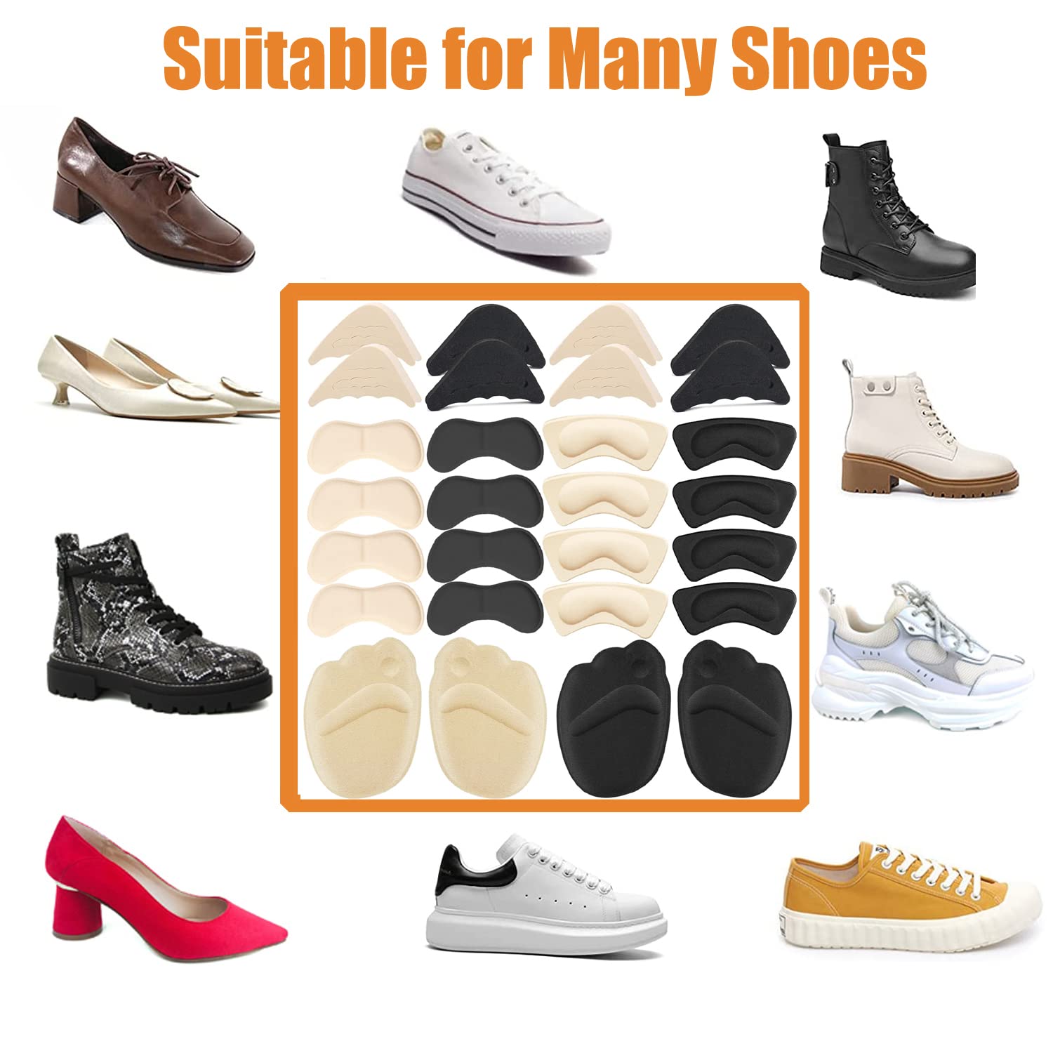 16 Pairs Shoe Filler Heel Pads for Womens Shoes - Shoe Filler for Too Big Shoes Women with Toe Inserts, Toe Inserts for Too Big Fit