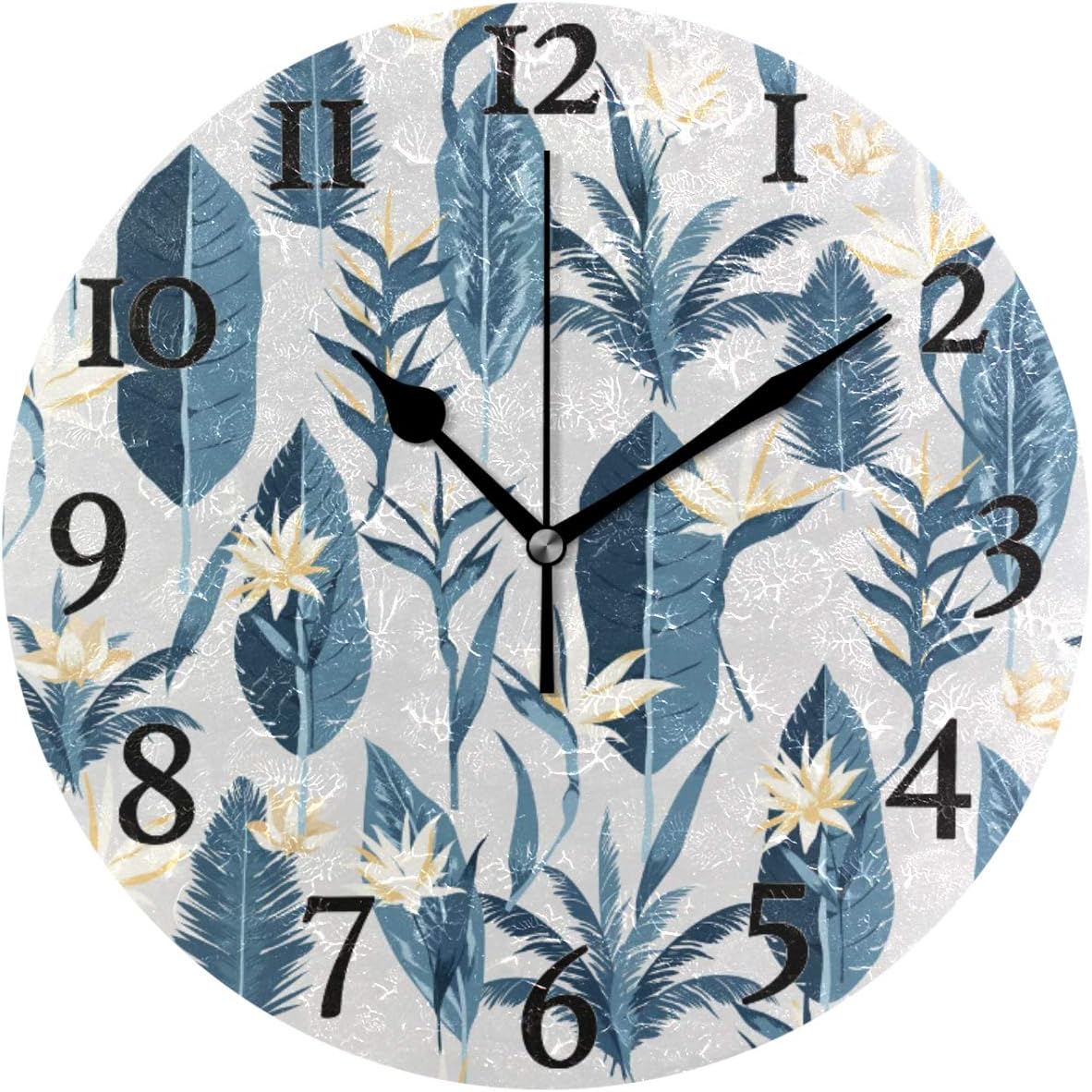 Naanle Palm Leaf Round Wall Clock, Tropical Exotic Flowers