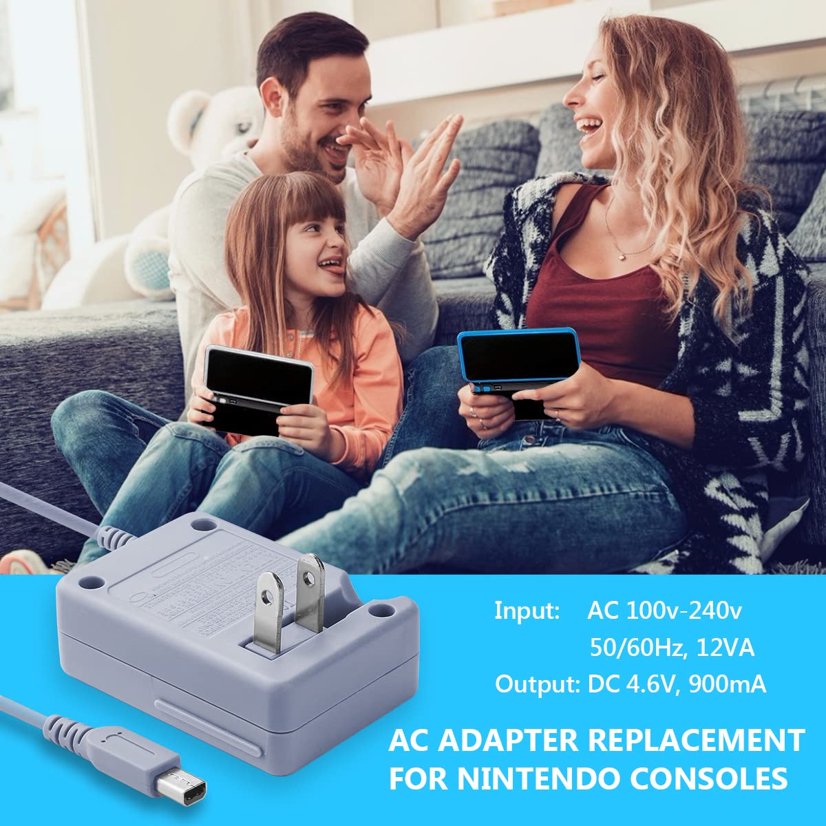 3DS Charger, AC Adapter Compatible With Nintendo 3DS/DSi/DSi XL/2DS/2DS XL/New 3DS XL - 100-240V Home Wall Plug