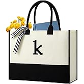 Personalized Canvas Initial Tote Bags,Embroidery Monogram with Leather Handle,Present Suitable for Mom,Wedding,Beach