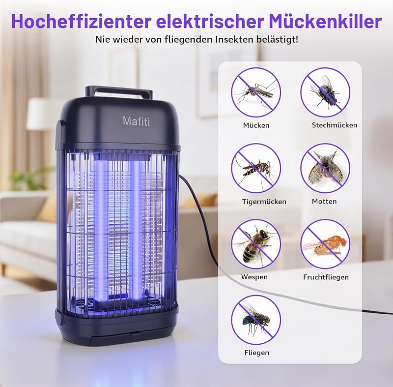 Elektrische Fliegenfalle 20W UV, Insektenvernichter mit 360° Hochspannungsgitter – Mückentöter für Zuhause & Gewerbe, effektiv mit Sicherheitsgitter