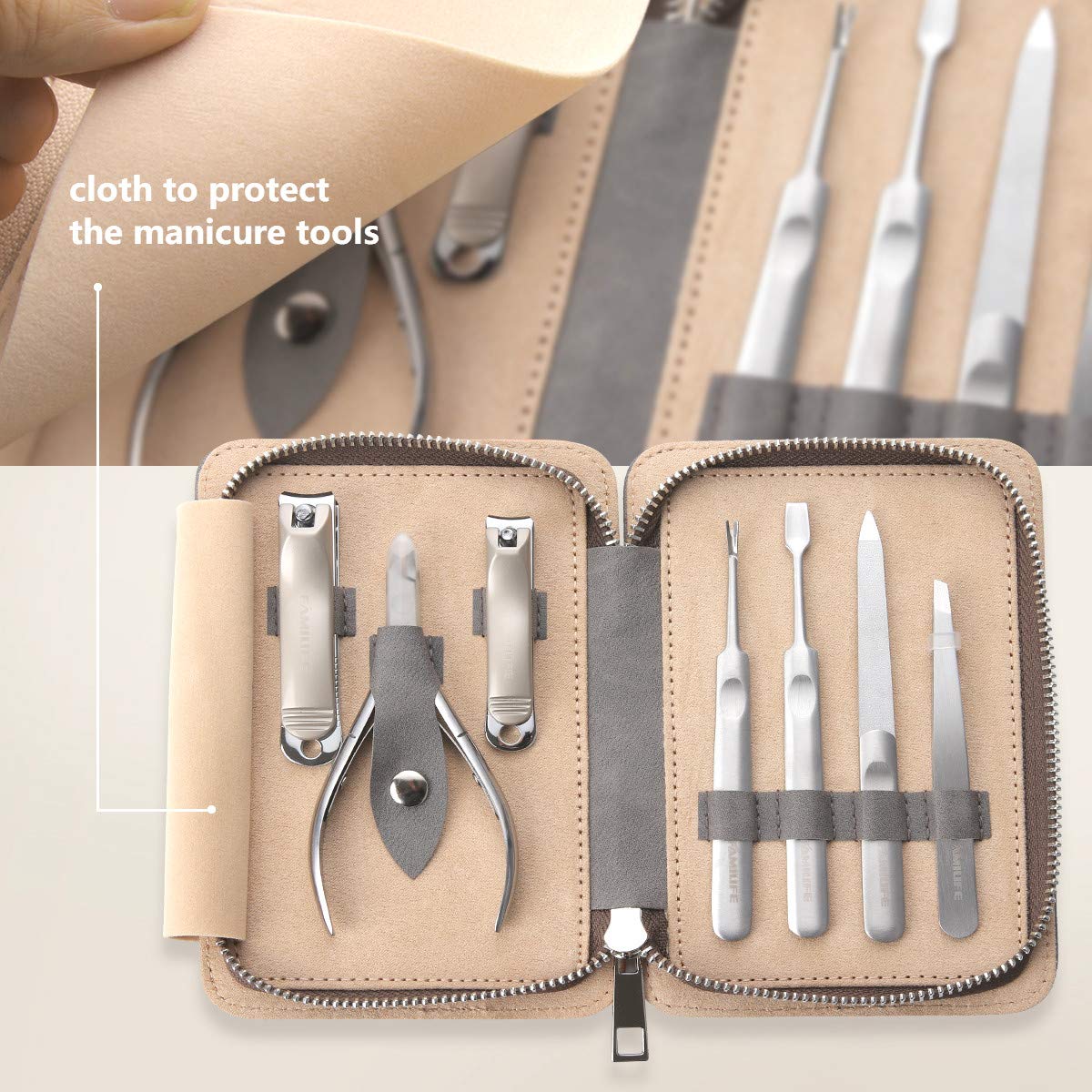 FAMILIFE Manicure Set, 7 in 1 Professional Manicure Pedicure Set Nail Clipper Set, Stainless Steel Professional Grooming Kit with Gray Leather Portable Travel Nail Clipper Set for Men Father : Beauty