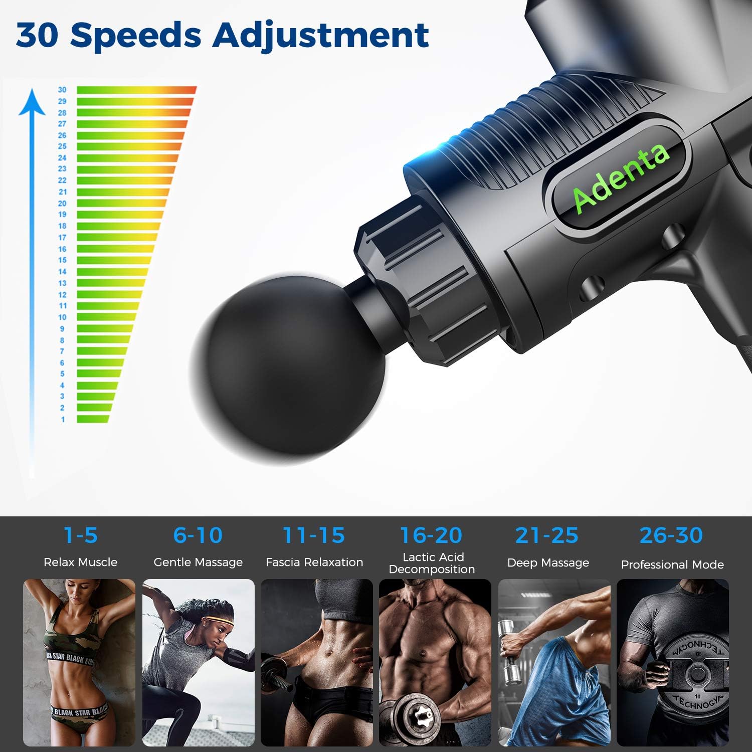 Massage Gun for Athletes Deep Tissue Percussion 30 Speed Electric Body Muscle Massager Brushless Motor Super Quiet Cordless Long Battery Sports Drill Handheld with Portable Bag 6 Heads for Pain Relief: Health & Personal Care