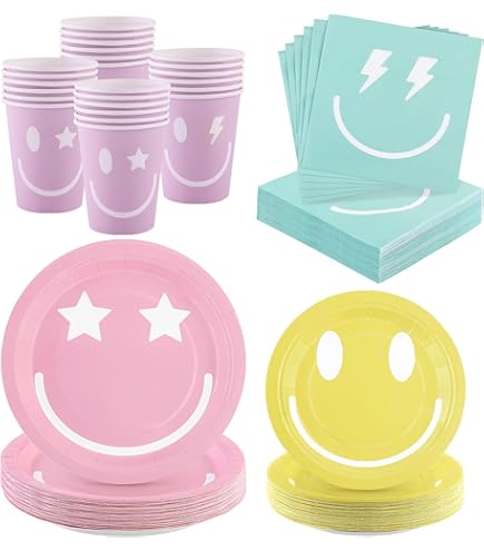 Preppy Birthday Party Decorations Kit - Smiley Face Theme Serves 24 Guests With Plates, Cups, Banner