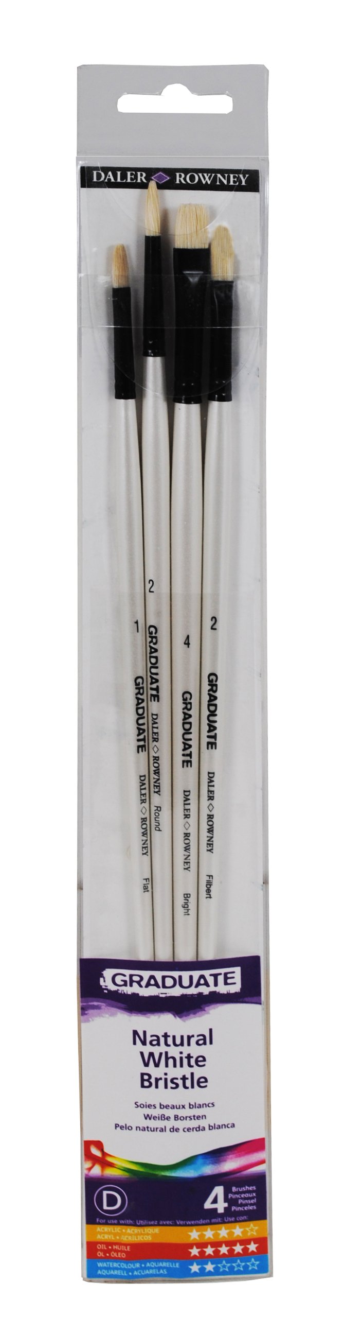 Daler-Rowney Graduate Oil Brush, Natural Hog Bristle, Long Handle, Round, Flat, Bright and Filbert, , Wallet Set, 4 Assorted Brushes