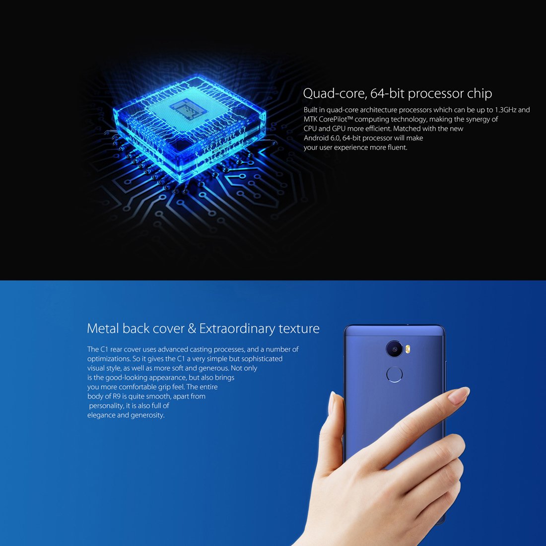 Elephone C1 Mini Migvela Smartphone Android 6.0 4G LTE Quad-Core 5 Inch 1280*720 pixel HD Mobile,1GB RAM 16GB ROM Dual Cameras Dual SIM with Fingerprint(Blue)