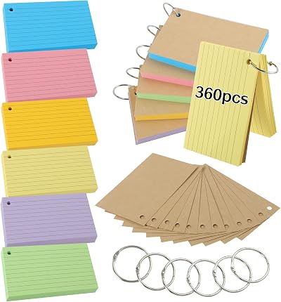 Thboxes 360 PCS Flash Cards 4.9 x 2.9 inch Ruled Index Cards with Binder Rings