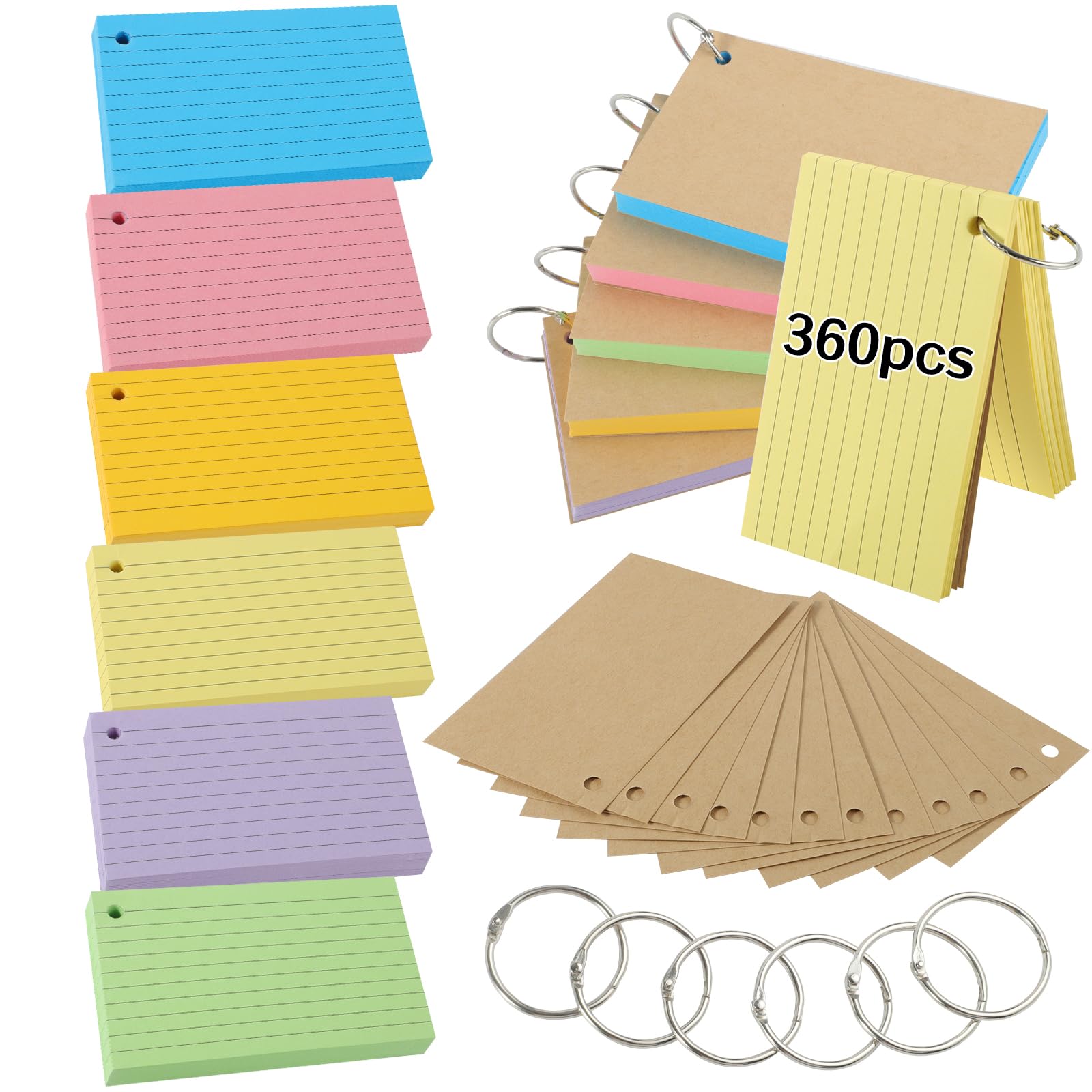 Flash Cards, 360 PCS Ruled Index Cards Revision Cards with Binder Ring Kraft Paper Notecards Lined Index Cards for Office School Home Study Record 4.9 * 2.9 Inch