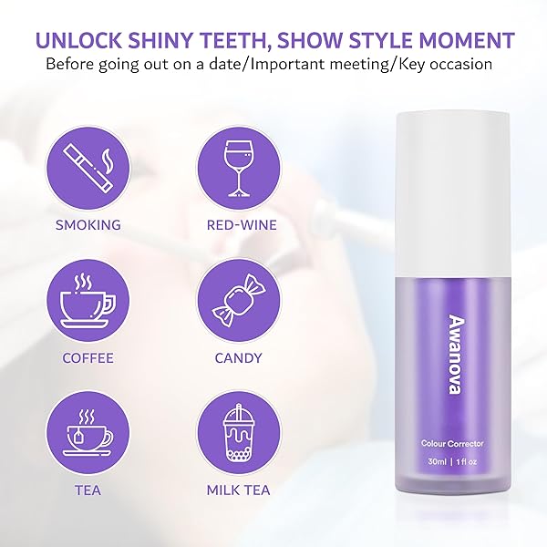 AWANOVA 30ML PURPLE TOOTHPASTE FOR TEETH WHITENING, COLOR CORRECTOR TOOTHPASTE, ADVANCED STAIN REMOVAL, HEALTHY SMILE, CONFIDENT YOU WITH PURPLE TEETH WHITENING GEL, COLOUR CORRECTOR