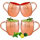 UNISWEET Moscow Mule Copper Mugs - Pure Copper Handmade, Classic Welding Handles, 16oz for Drinking, Premium Moscow Mule Copper Cups Set of 4 for Cold Drinks Cocktail Beer Wine Party Bar