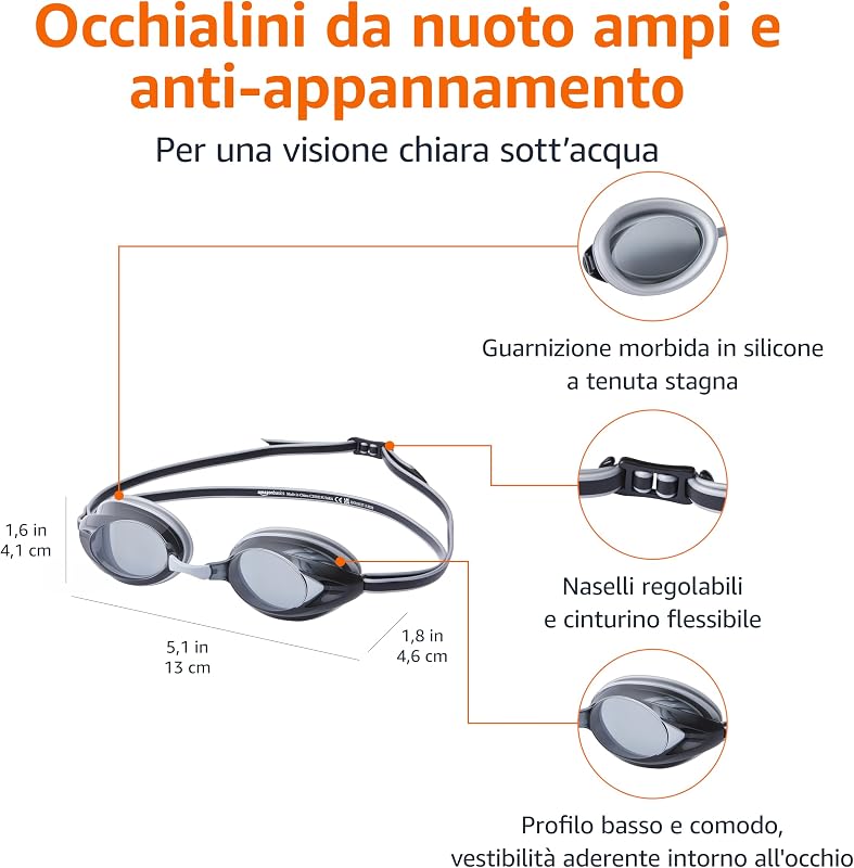 Occhialini da nuoto per adulti, unisex, argento