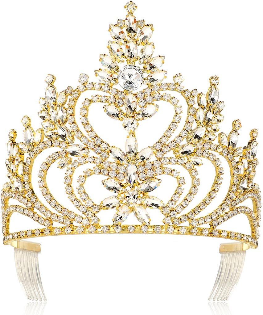 DcZeRong 5" Tall Large Tiara Adult Women Birthday Pageant Prom Queen Gold Crystal Rhinestone Crown