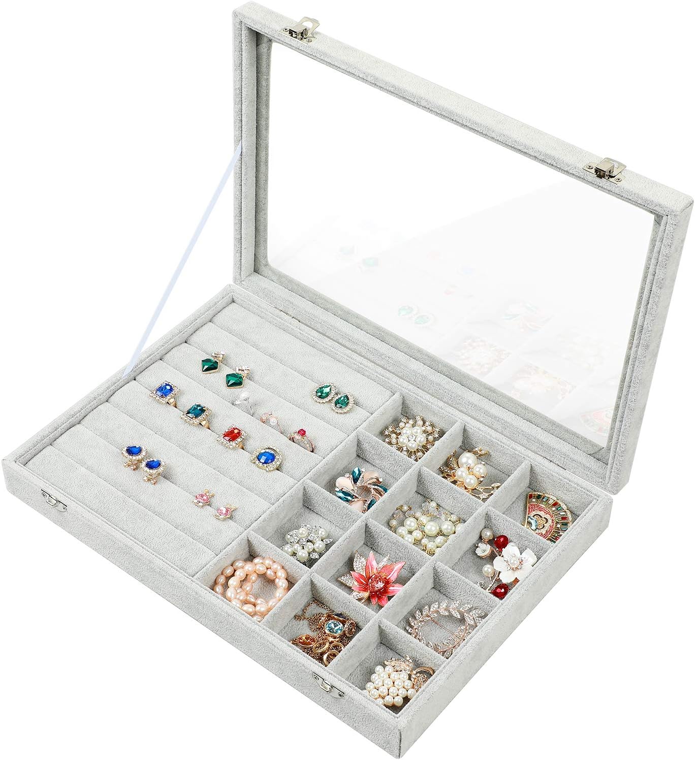 Stylifing Jewelry Tray Showcase Display Storage Organizer box Vintage Case Multi-function Gray Velvet & Clear Lid with Lock Gifts for Girls Women (2 in 1)