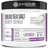 pureSCRUBS Premium Lavender Body Scrub Set - Large 16oz Dead Sea Salt Body Scrub With Infused Essential Oils & Nutrients, Includes Wooden Spoon, Loofah & Oatmeal Exfoliating Bar Soap