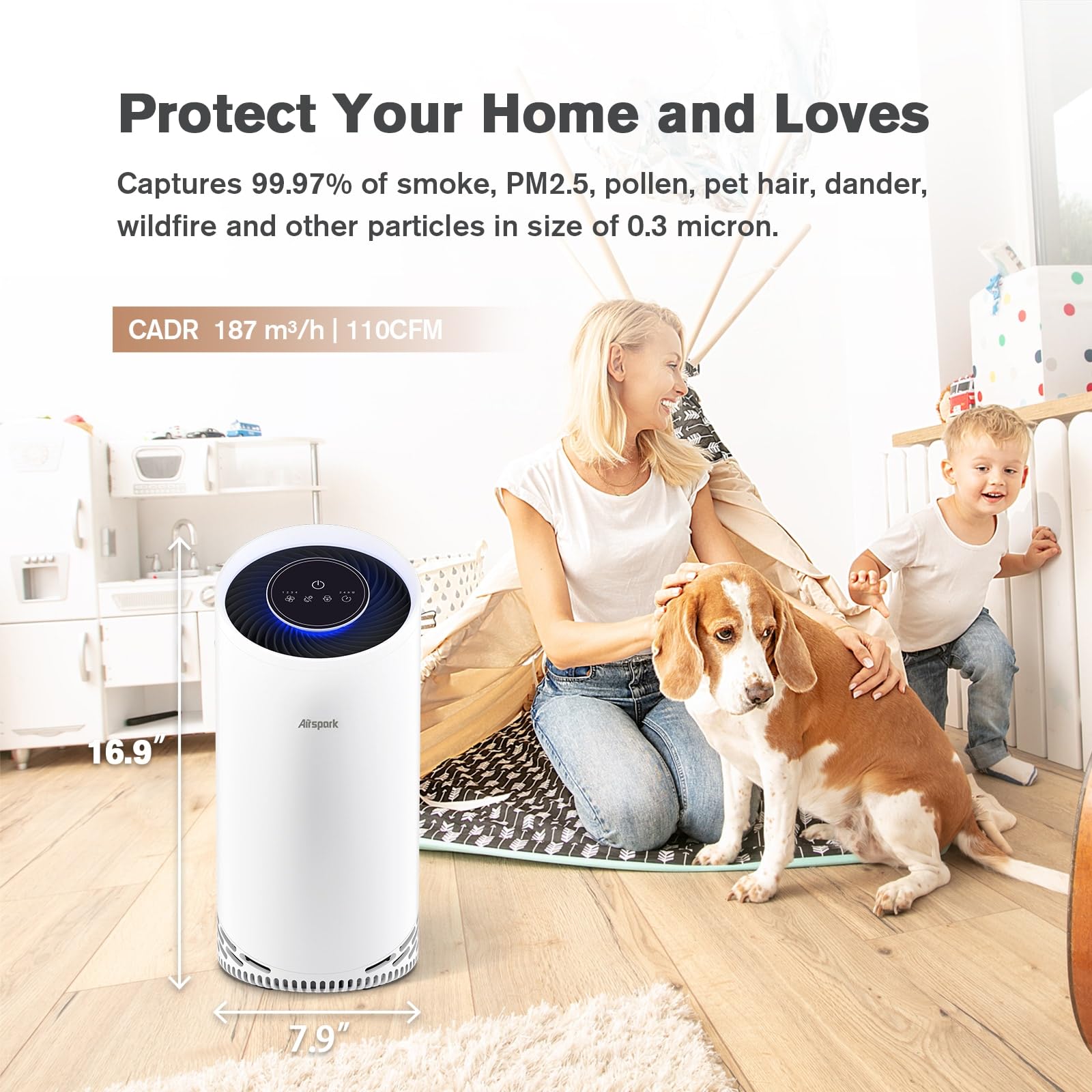 Airspark Air Purifiers for Home Large Room Up to 1375 ft², 4-in-1 True HEPA Air Purifier for Pets Hair Dander Pollen Smoke Cooking Pet Smell. CADR 187 m³/h, Air Cleaner for Bedroom Nursery Living Room