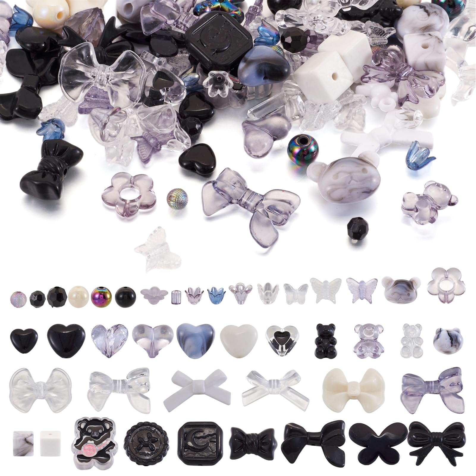 PH PandaHall Pandahall 100g Acrylic Beads Assorted Bows Flower Butterfly Heart Star Bear Round Loose Spacer Beads Charms for Bracelet Necklace Jewelry Making Black