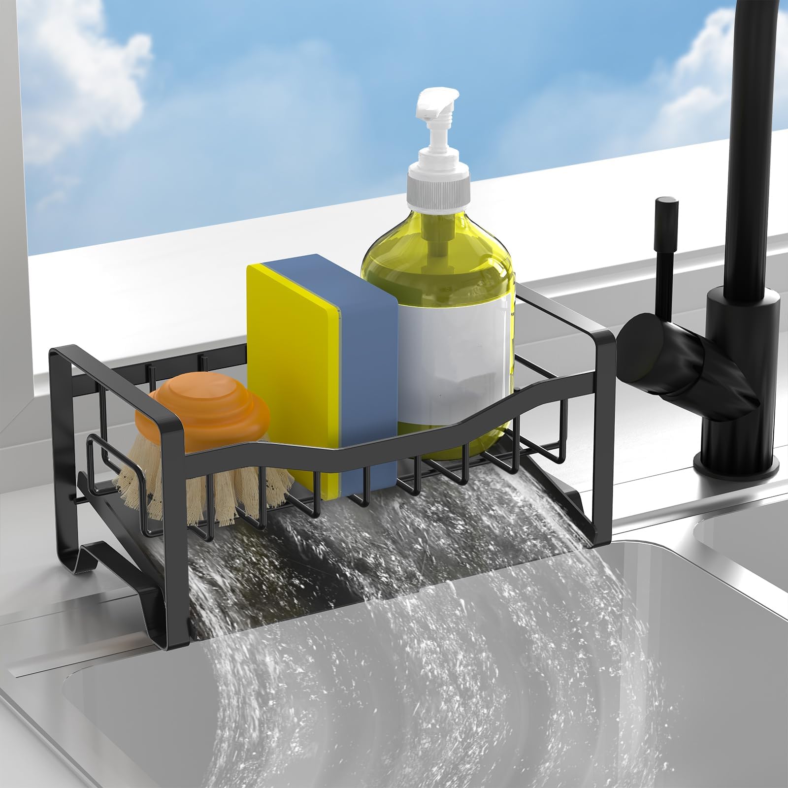 Maifan Kitchen Sink Caddy Organizer Sponge Holder for Kitchen Sink with Stainless Steel Auto Drain Tray, Self Drain Dish Soap Sponge Caddy Rack for Kitchen Countertop Storage Gadgets Accesorios