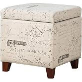 Adeco Fabric Script Pattern Cube Storage Footstool, Hinged Lid, Solid Wood Legs, 18" Height Ottomans &amp; Storage Ottomans, Cream White