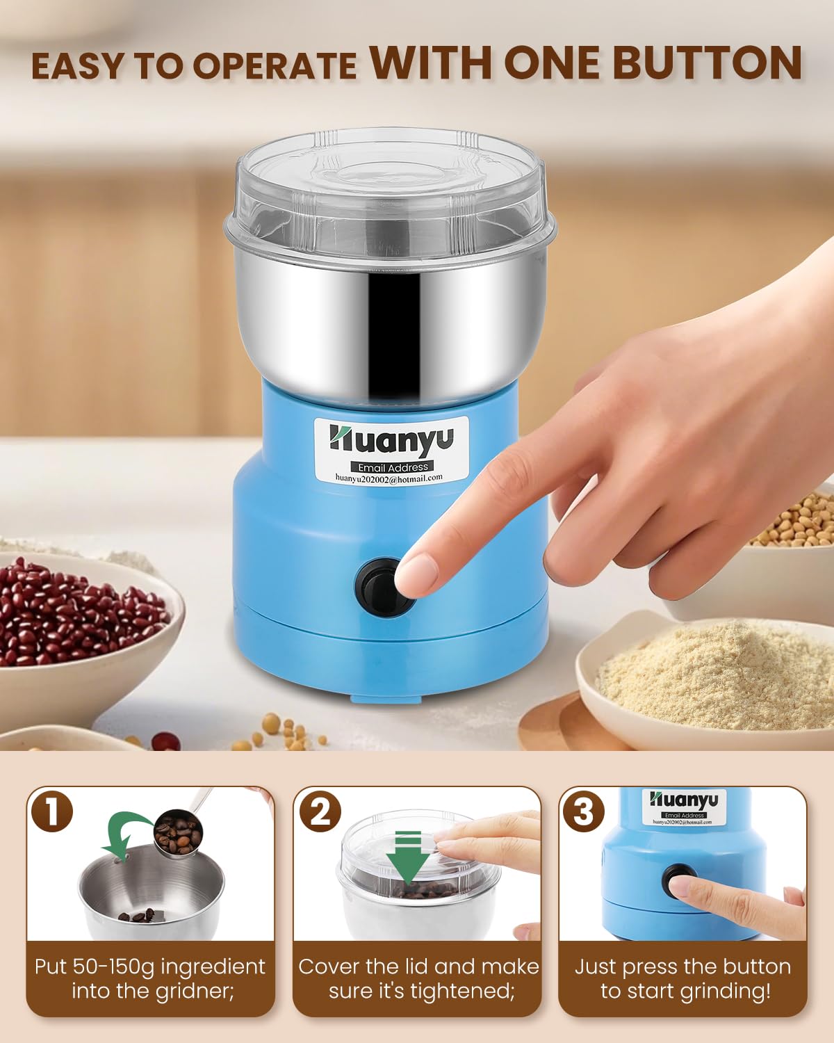 Huanyu Getreidemühle Elektrisch 200g Gewürzmühle Elektrische Kaffeemühle Mehrzweck-Mini-Mühle für Gras und Kaffeebohnen 4